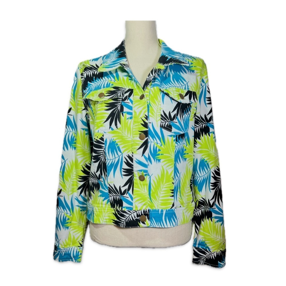 Metro Blues Tropical Print Jean Jacket - Blue, Green, and Black on White
